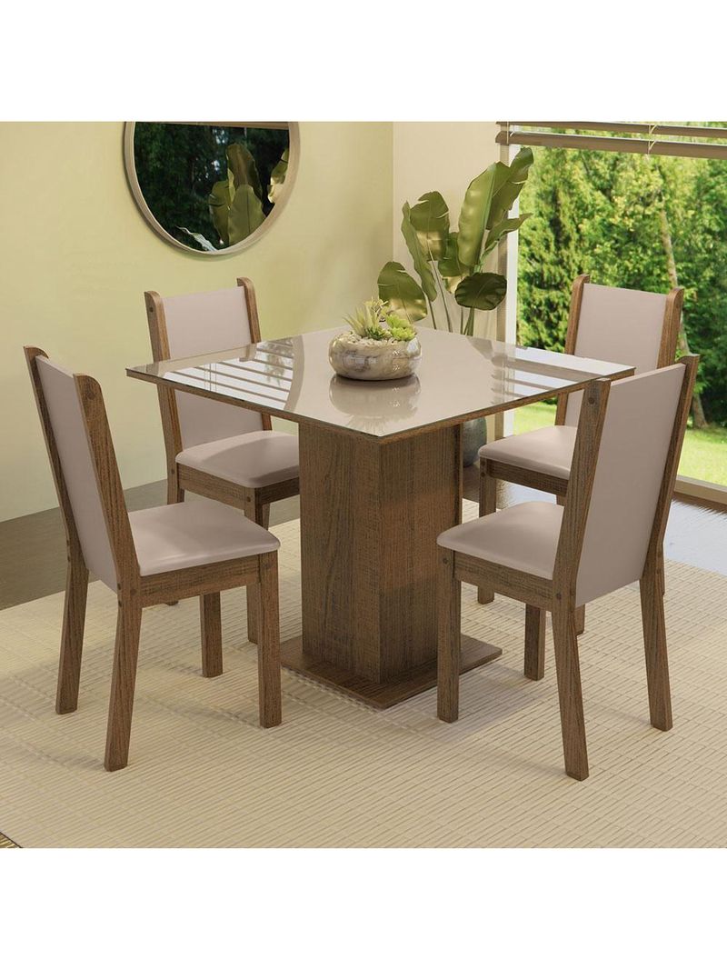 Conjunto Sala De Jantar Mesa Tampo De Vidro 4 Cadeiras Rustic/crema/bege Tifani