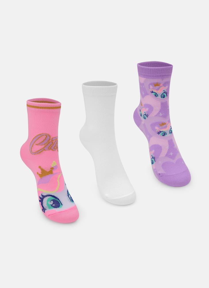 Kit com 3 meias soquete bebê menina unicórnio diamante