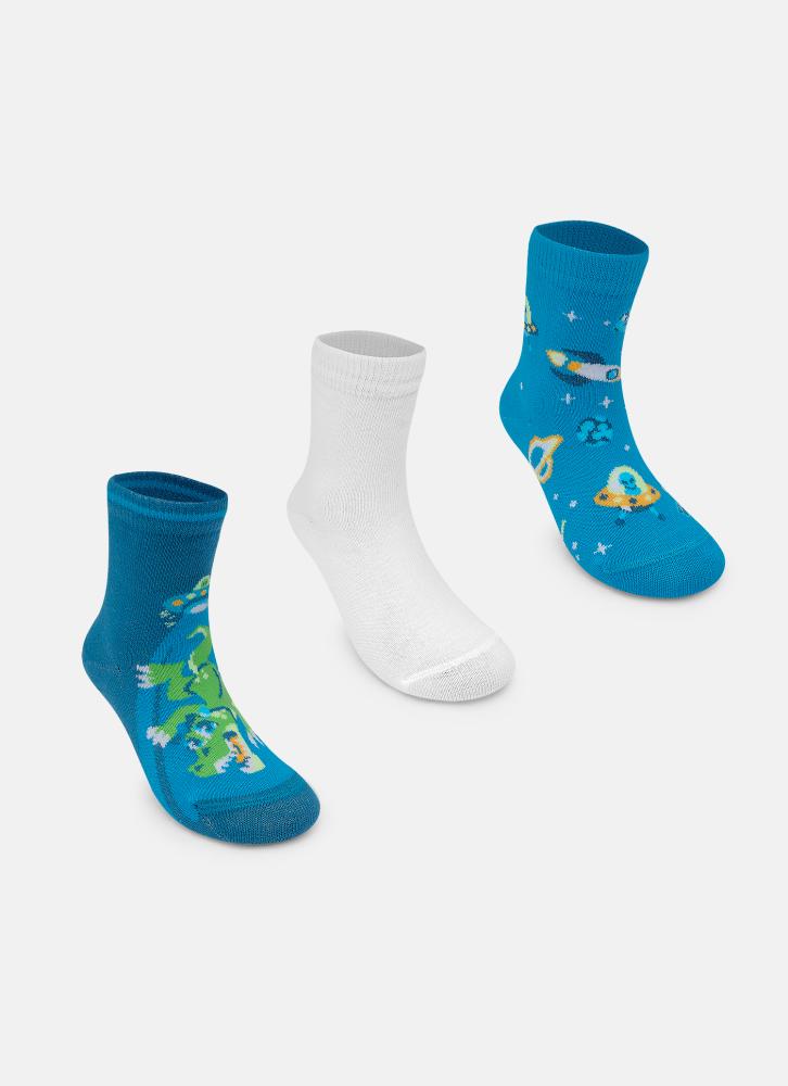 Kit com 3 meias soquete bebê menino dino astronauta