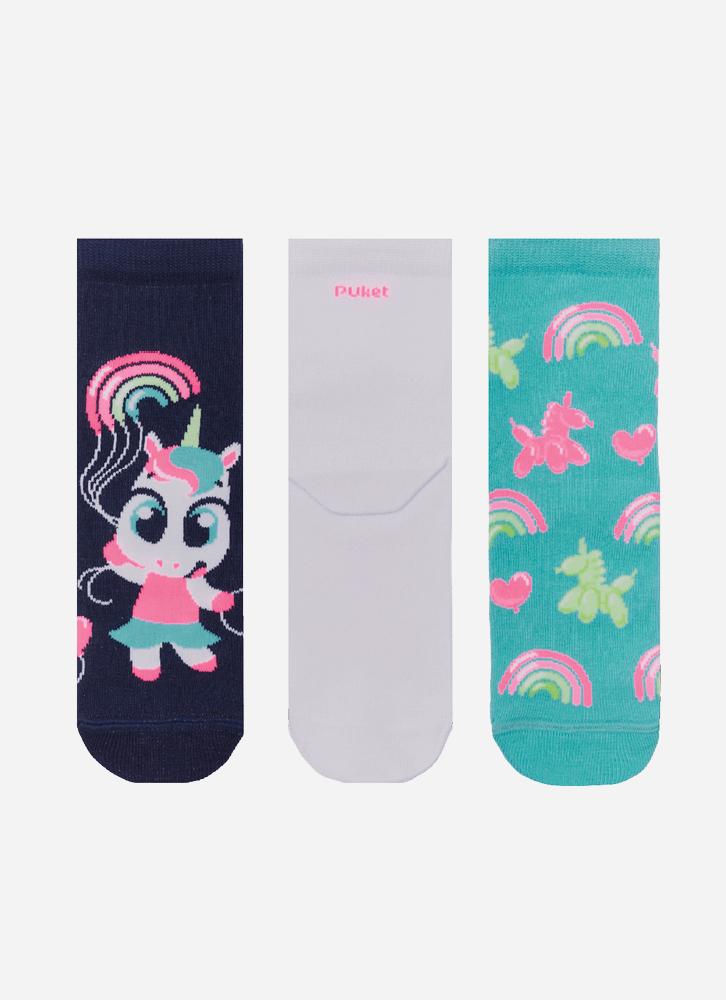 Kit com 3 meias soquete menina unicórnio arco-íris