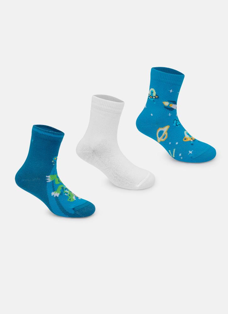 Kit com 3 meias cano micro menino dino astronauta