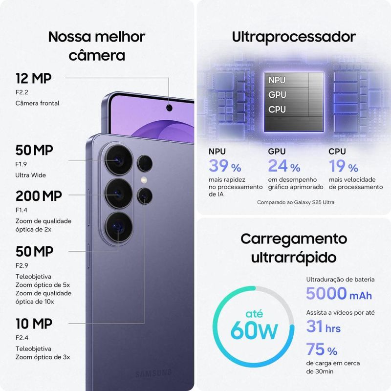 Smartphone samsung galaxy s26 ultra 5g tela 69" 512gb câmera quadrupla 200mp