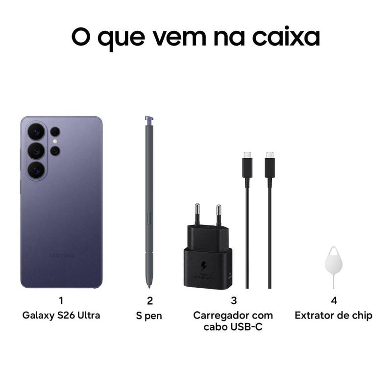 Smartphone samsung galaxy s26 ultra 5g tela 69" 512gb câmera quadrupla 200mp