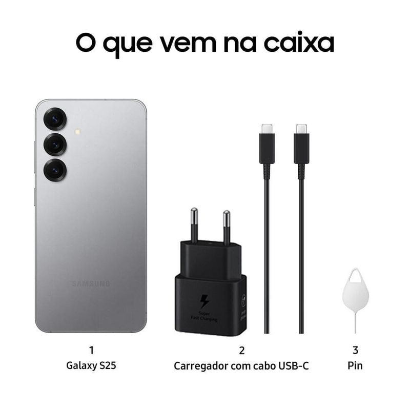 Smartphone samsung galaxy s25 5g prata 256gb, tela de 62", 12gb ram, ai inteligência artificial, ip68, processador snapdragon 8 elite e câmera tripla