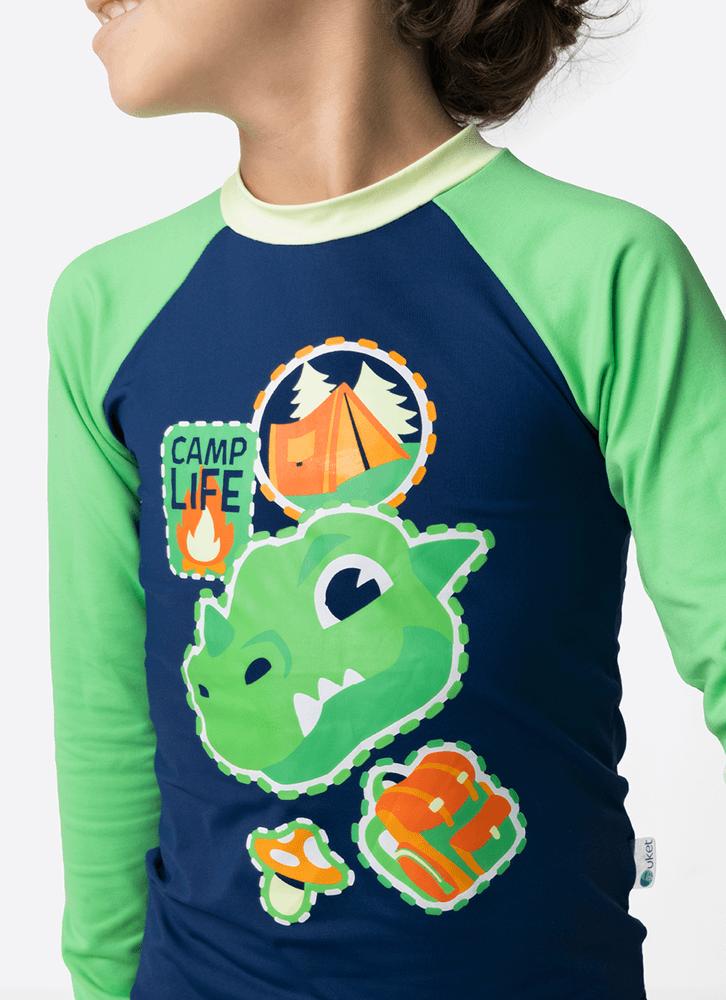 Camiseta com proteção solar menino dragão camping