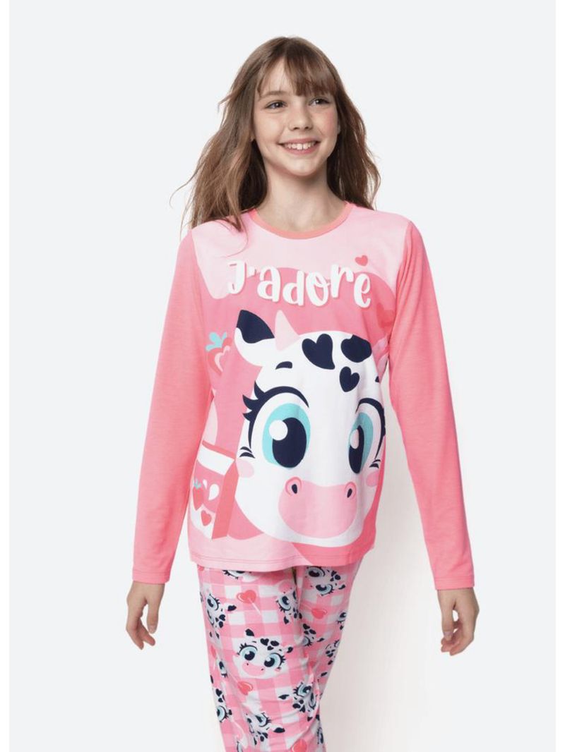 Pijama manga longa viscolycra menina teen vaca romântica