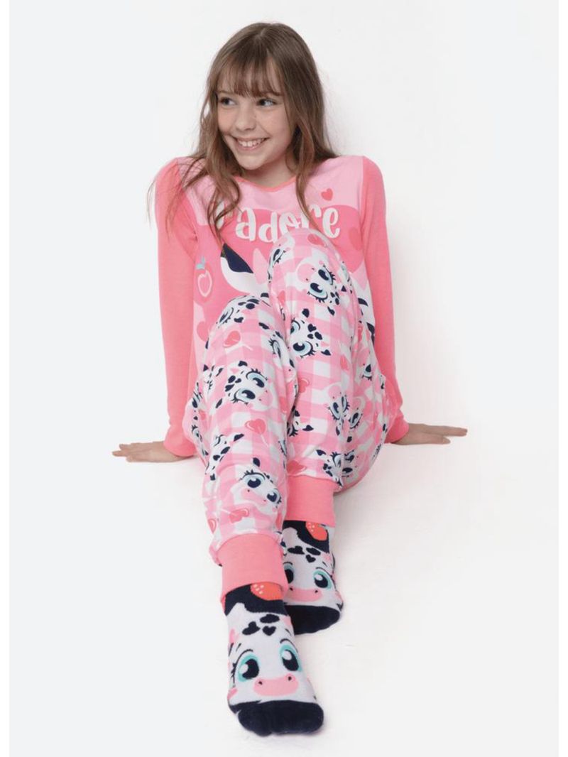 Pijama manga longa viscolycra menina teen vaca romântica