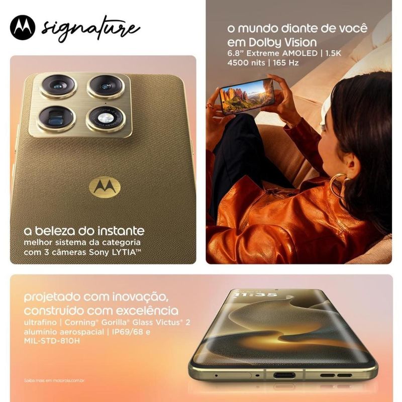 Smartphone motorola signature 68” 512gb 5g 165hz câmera tripla 50mp