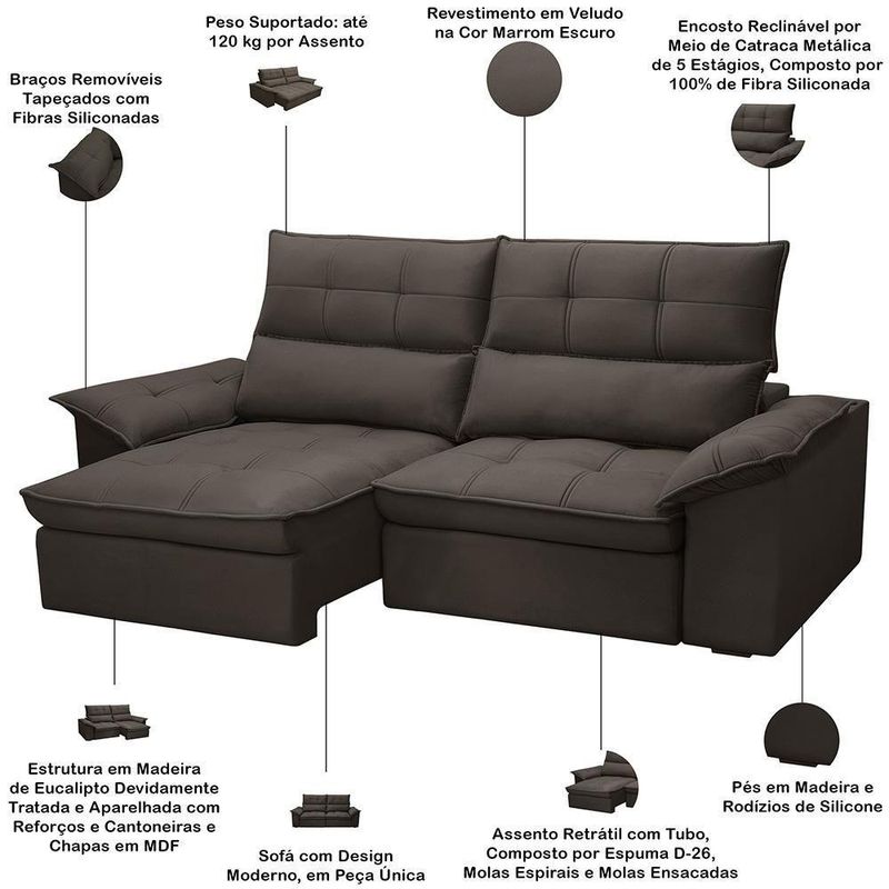 Sofá 3 Lugares Giotto F04 Retrátil Reclinável 230CM Marrom Escuro Veludo Lyam Decor
