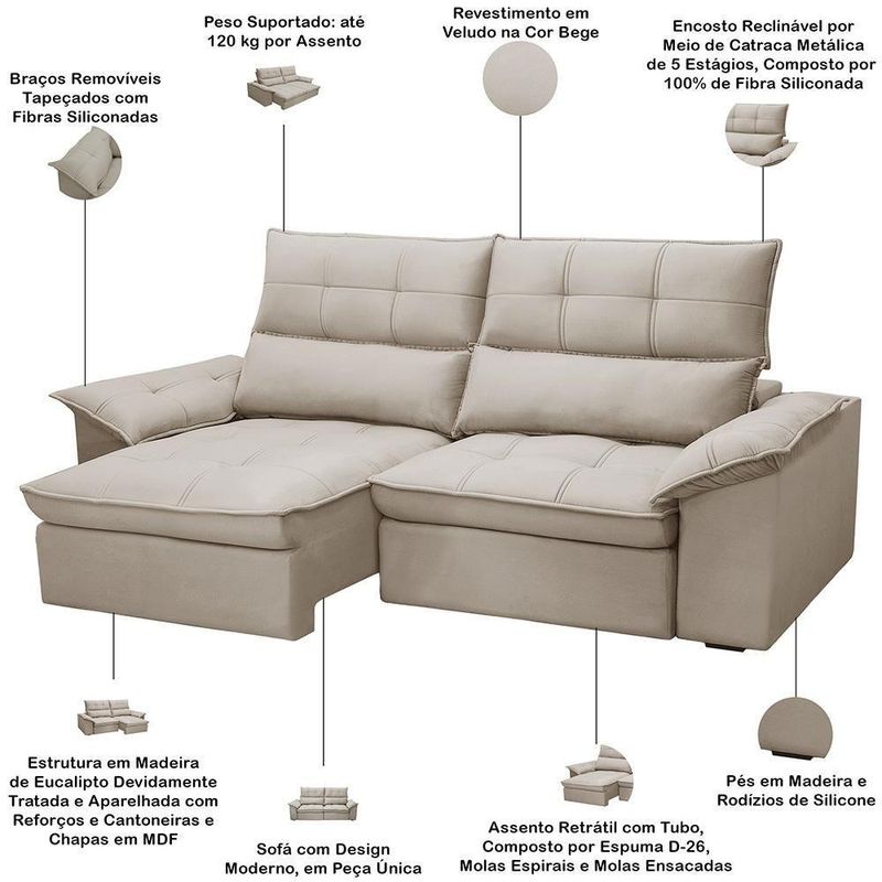 Sofá 3 Lugares Giotto F04 Retrátil Reclinável 210CM Veludo Bege Lyam Decor