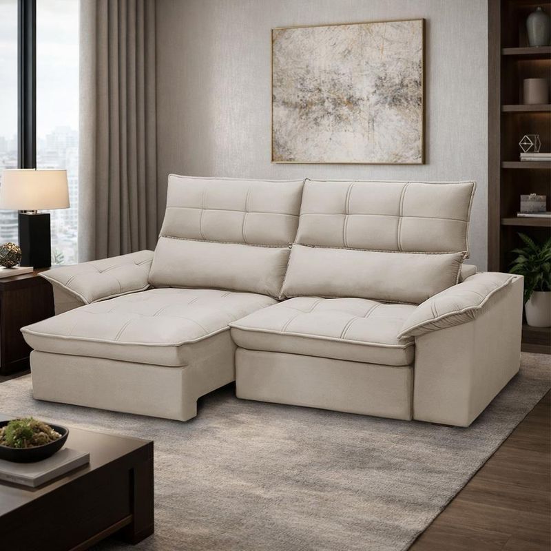 Sofá 3 Lugares Giotto F04 Retrátil Reclinável 210CM Veludo Bege Lyam Decor