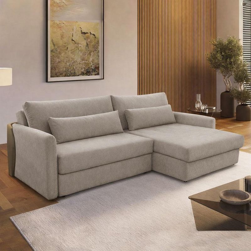 Sofá Cama Bérgamo F04 3 Lugares Retrátil 240CM Bege Linho Couríssimo Café Lyam Decor