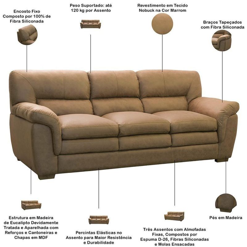Jogo de Sofá 2 e 3 Lugares com Poltrona Boston F04 Marrom Nobuck Suede Lyam Decor