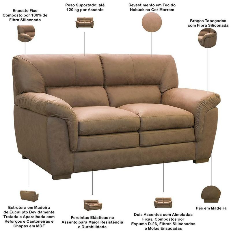 Jogo de Sofá 2 e 3 Lugares com Poltrona Boston F04 Marrom Nobuck Suede Lyam Decor