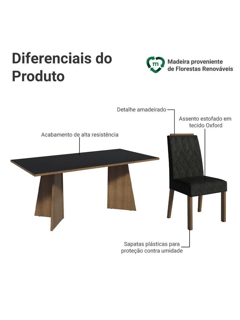 Conjunto Sala De Jantar Tampo De Madeira 6 Cadeiras Rustic/preto/oxford York Madesa