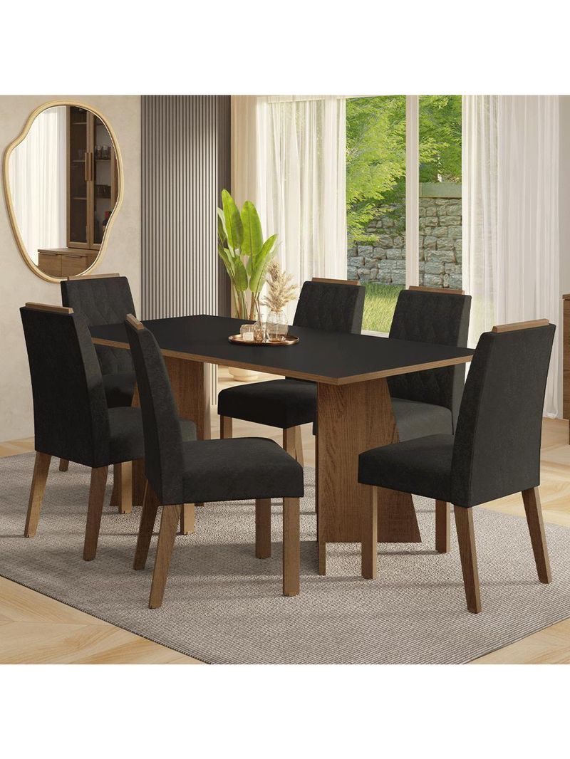 Conjunto Sala De Jantar Tampo De Madeira 6 Cadeiras Rustic/preto/oxford York Madesa