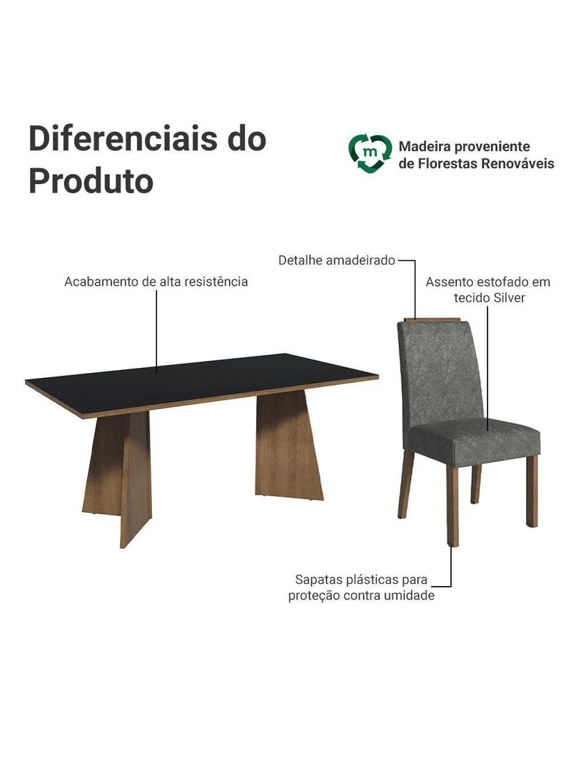Conjunto Sala De Jantar Tampo De Madeira 6 Cadeiras Rustic/preto/silver Minsk Madesa