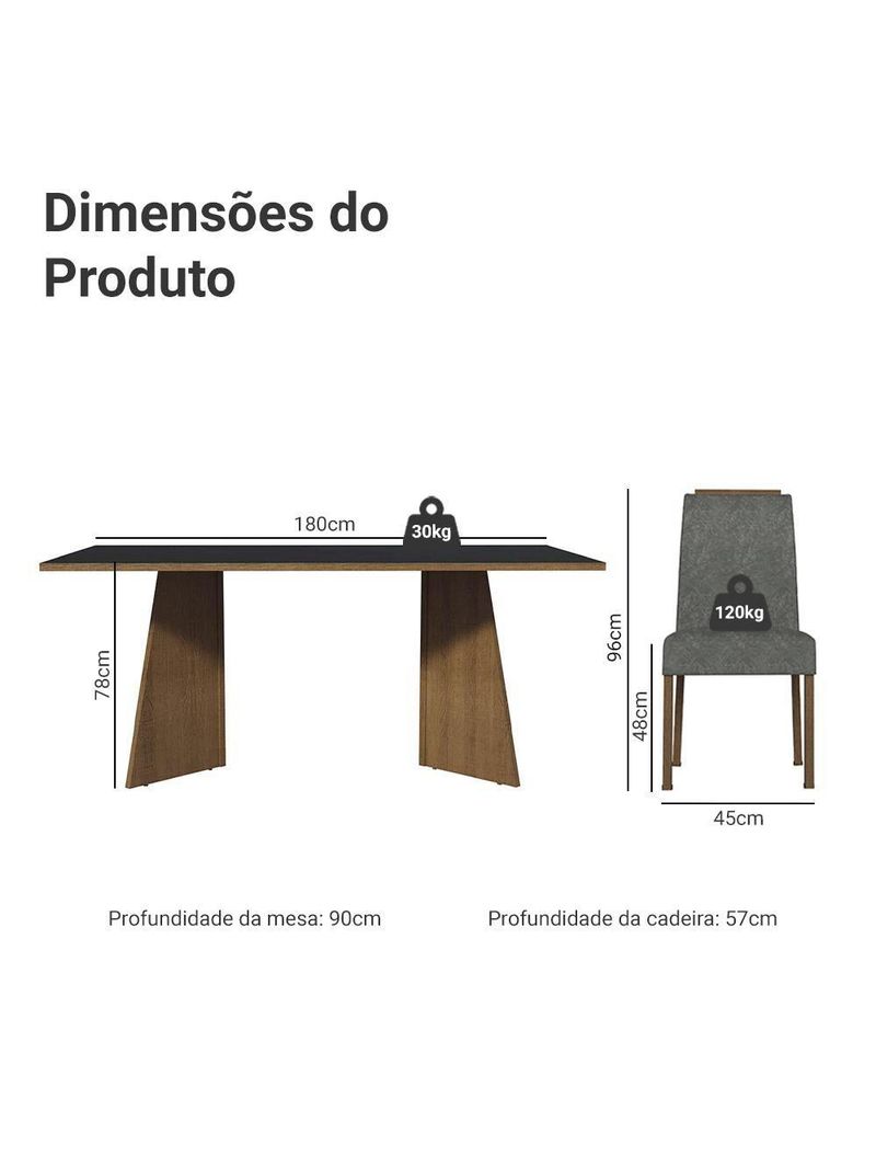 Conjunto Sala De Jantar Tampo De Madeira 6 Cadeiras Rustic/preto/silver Minsk Madesa