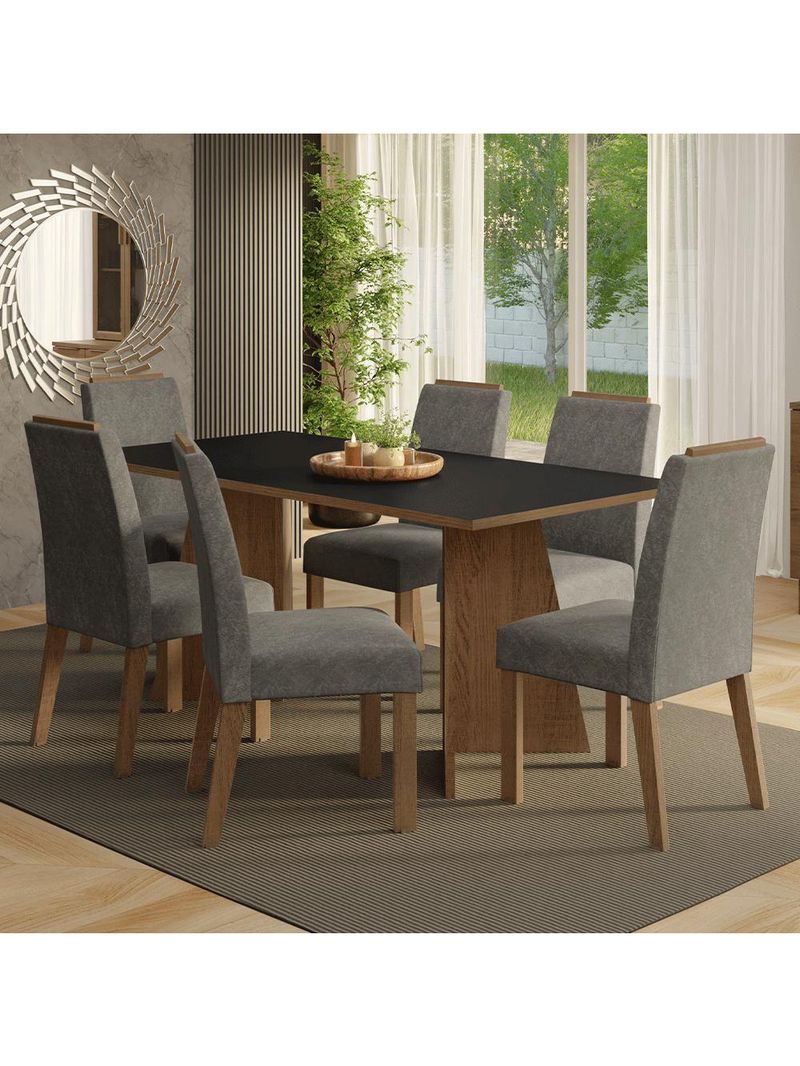 Conjunto Sala De Jantar Tampo De Madeira 6 Cadeiras Rustic/preto/silver Minsk Madesa