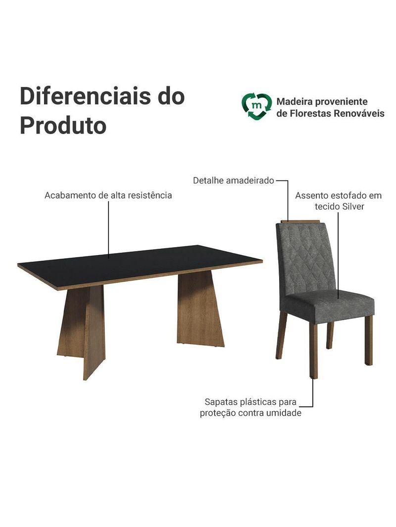 Conjunto Sala De Jantar Tampo De Madeira 6 Cadeiras Rustic/preto/silver York Madesa