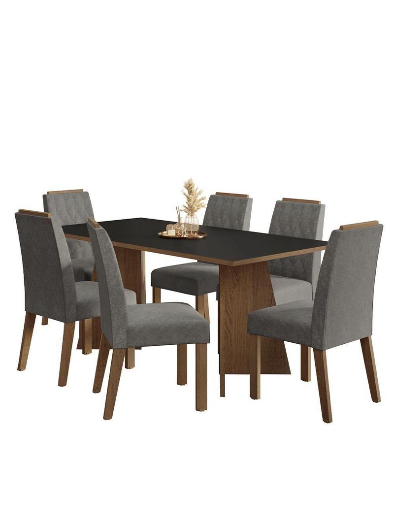 Conjunto Sala De Jantar Tampo De Madeira 6 Cadeiras Rustic/preto/silver York Madesa
