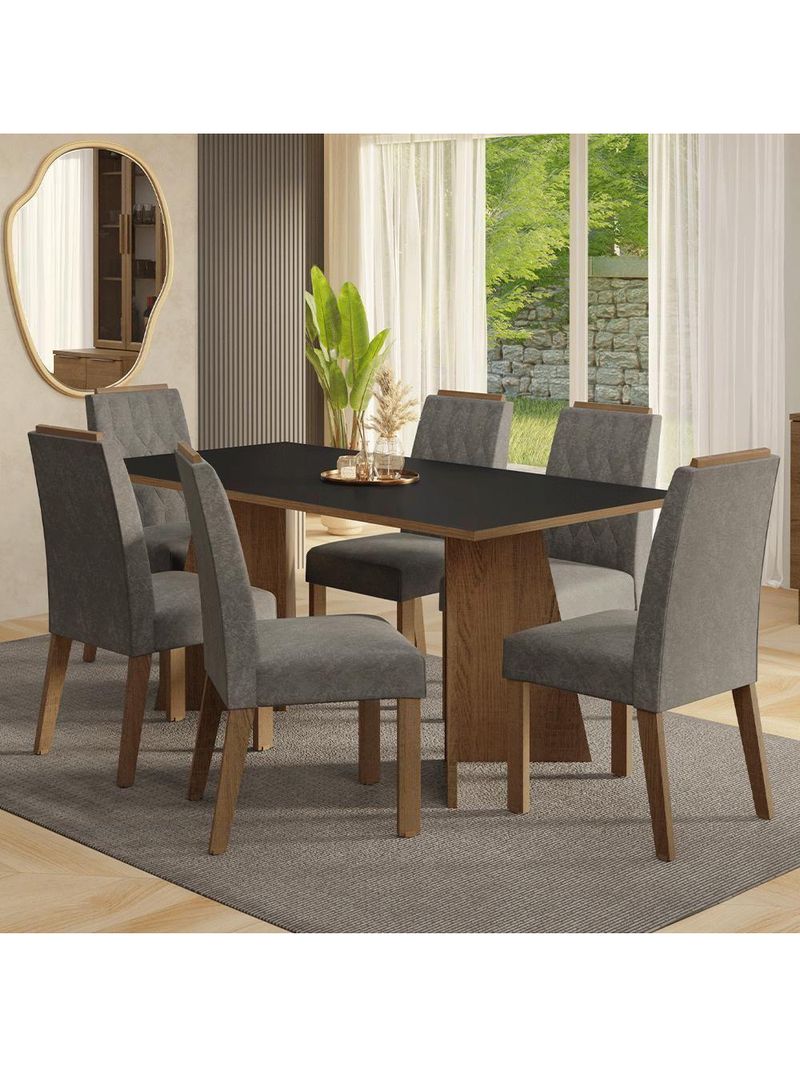 Conjunto Sala De Jantar Tampo De Madeira 6 Cadeiras Rustic/preto/silver York Madesa