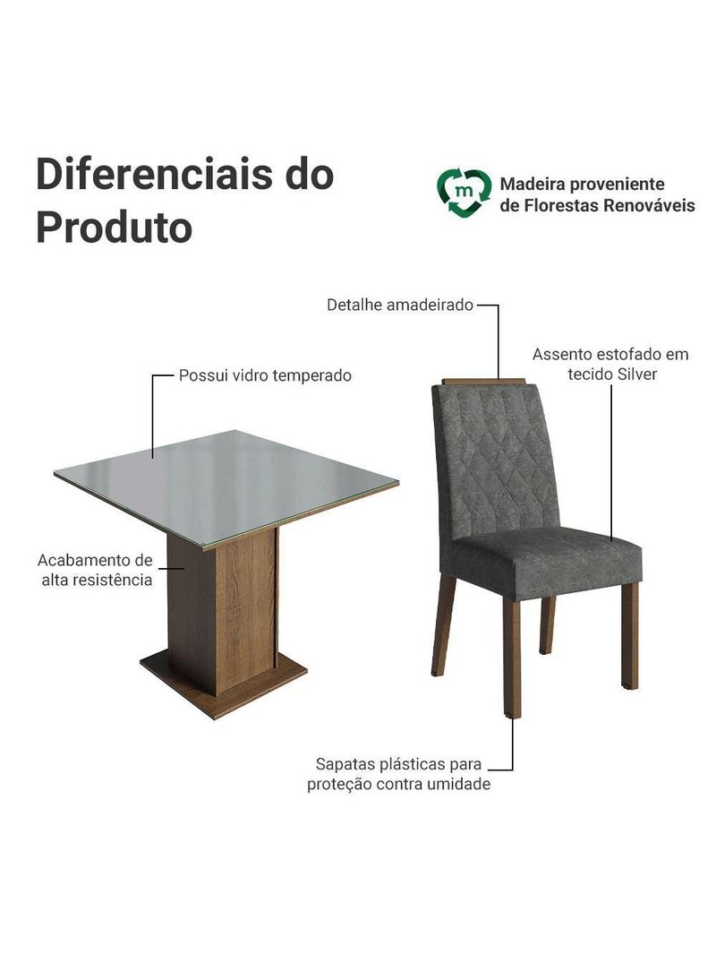 Conjunto Sala De Jantar Tampo De Vidro 4 Cadeiras Rustic/cinza/silver Capri Madesa