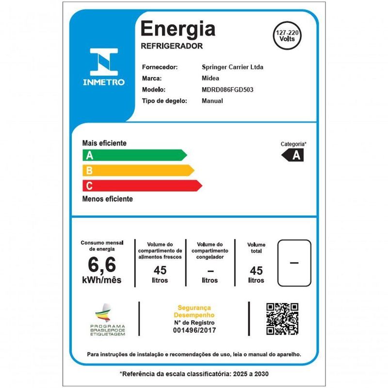 Frigobar Midea Inverter 45L Bivolt Prata MDRD086FGD503