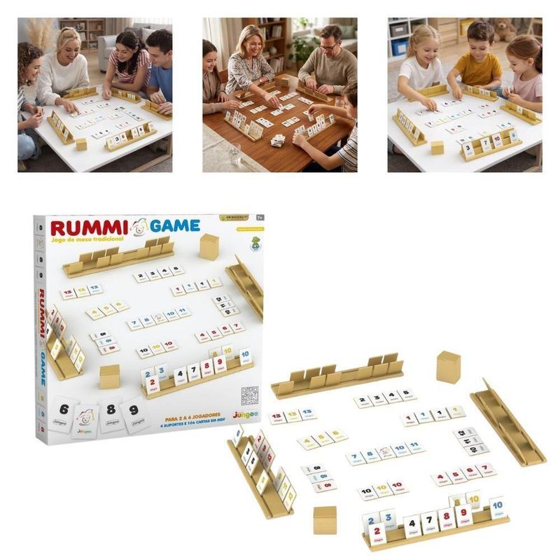 Jogo de Tabuleiro Rummi Game Kub Madeira Educativo 106 Cartas 4 Suportes Mdf Crianca Adulto