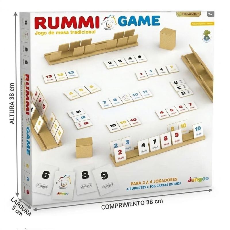 Jogo de Tabuleiro Rummi Game Kub Madeira Educativo 106 Cartas 4 Suportes Mdf Crianca Adulto