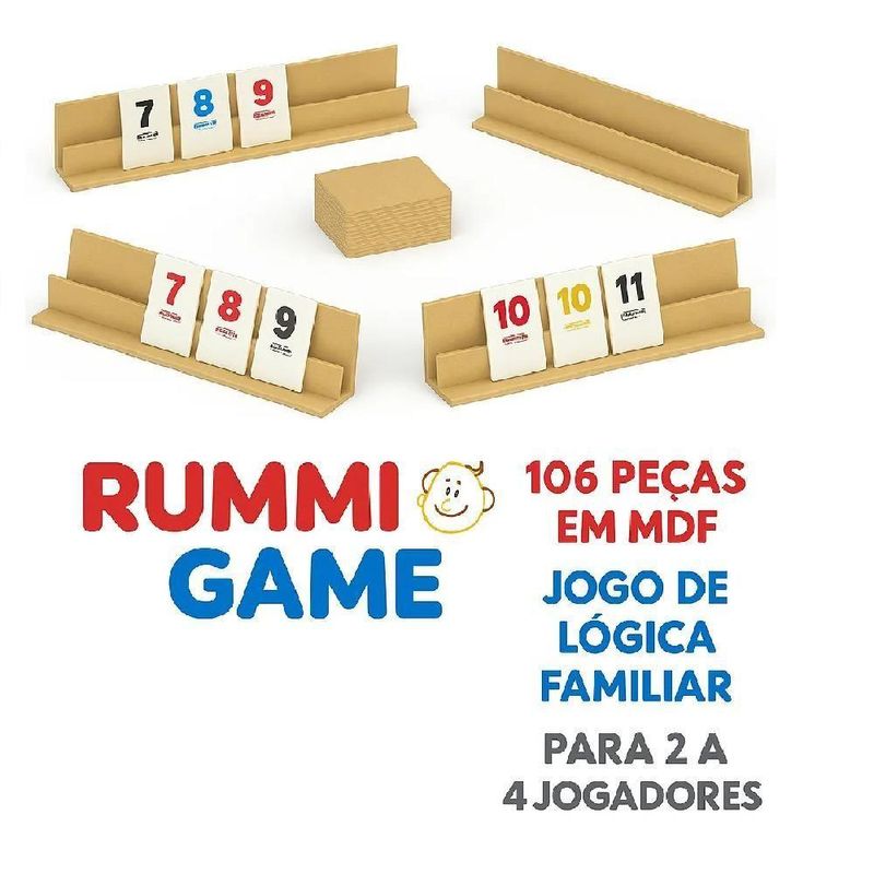 Jogo de Tabuleiro Rummi Game Kub Madeira Educativo 106 Cartas 4 Suportes Mdf Crianca Adulto