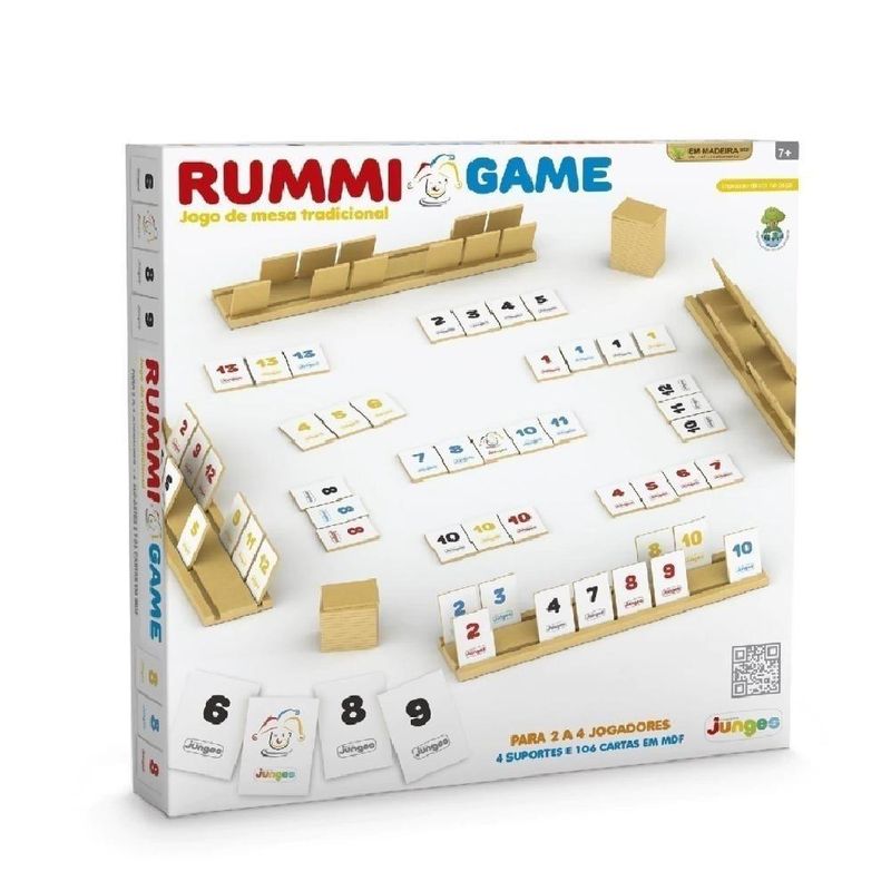 Jogo de Tabuleiro Rummi Game Kub Madeira Educativo 106 Cartas 4 Suportes Mdf Crianca Adulto