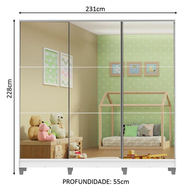 Guarda roupa infantil 100% mdf madesa logan 3 portas de correr de espelho com pés - branco