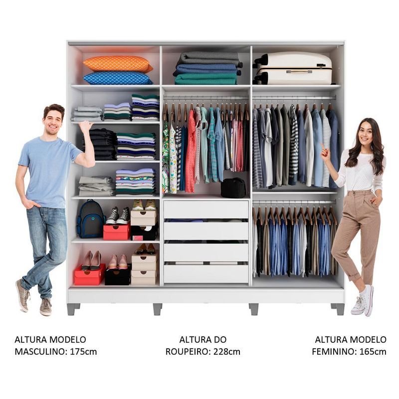 Guarda roupa infantil 100% mdf madesa logan 3 portas de correr de espelho com pés - branco