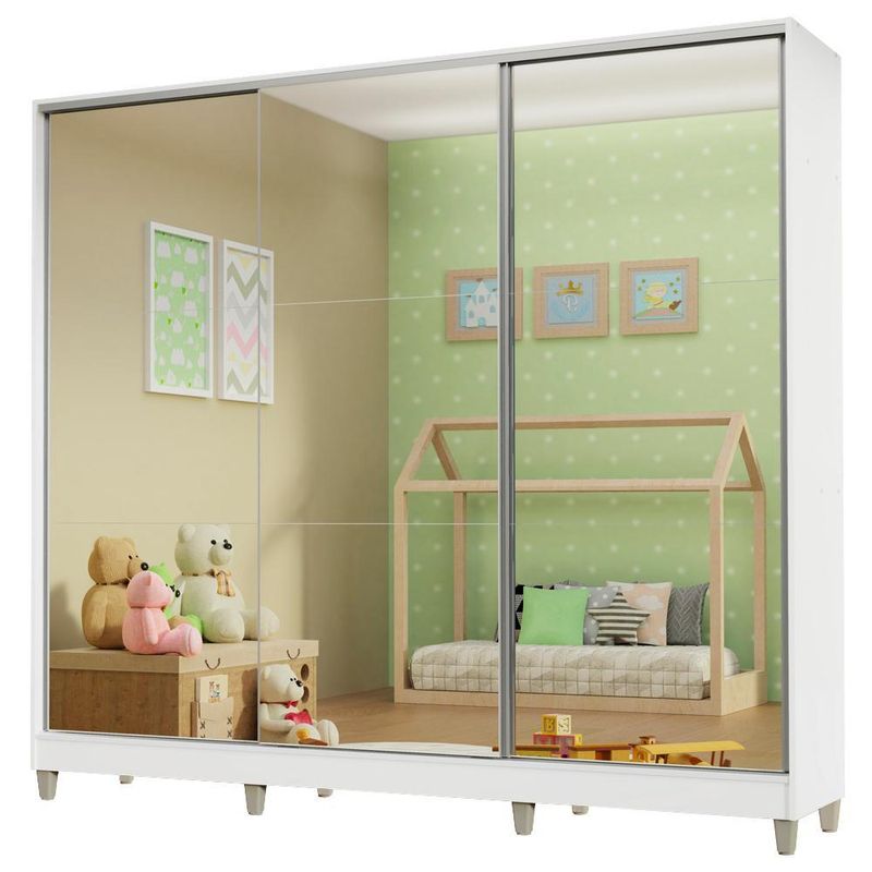 Guarda roupa infantil 100% mdf madesa logan 3 portas de correr de espelho com pés - branco
