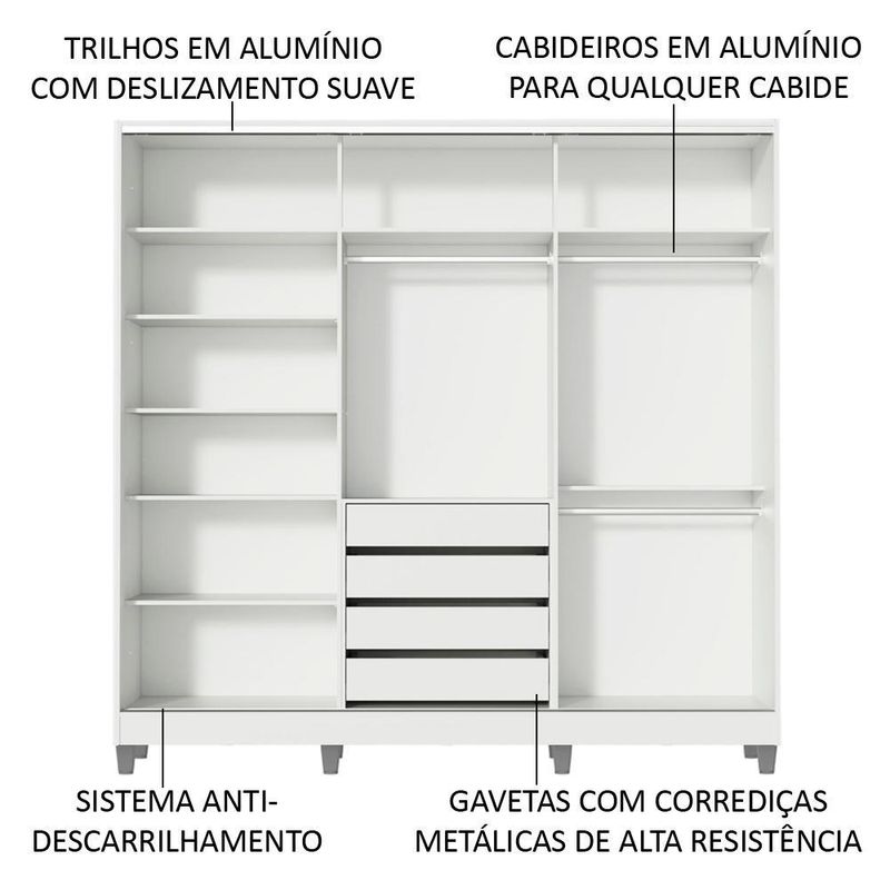 Guarda roupa infantil 100% mdf madesa logan 3 portas de correr de espelho com pés - branco
