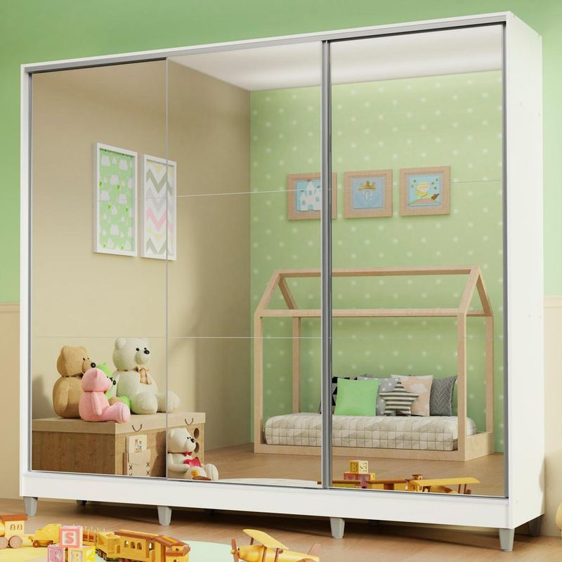 Guarda roupa infantil 100% mdf madesa logan 3 portas de correr de espelho com pés - branco