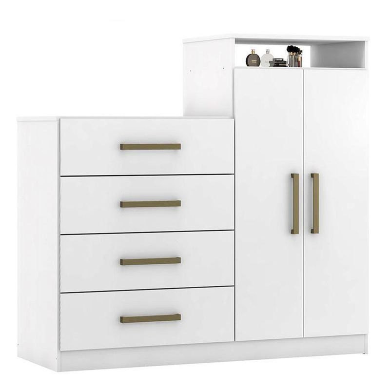 Cômoda Áurea 2 Portas 4 Gavetas em MDF com Puxador Metal Bronze Branco