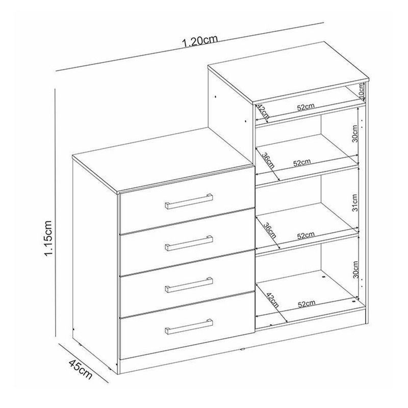 Cômoda Áurea 2 Portas 4 Gavetas em MDF com Puxador Metal Bronze Branco