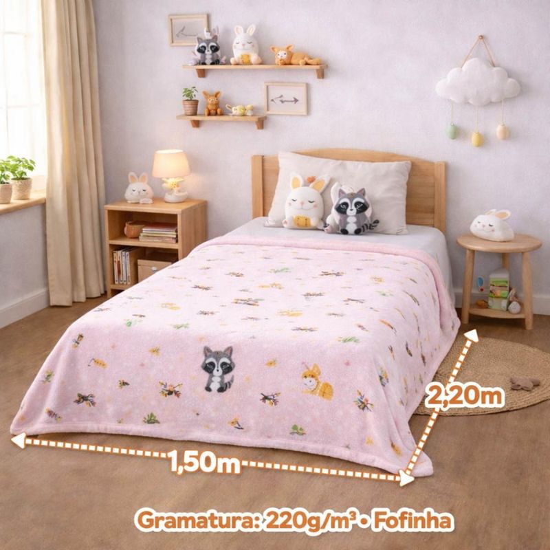 Manta cobertor lutti solteiro infantil  220g/m² 2,20x1,50m fofinha não desbota foxy raposinha rosa