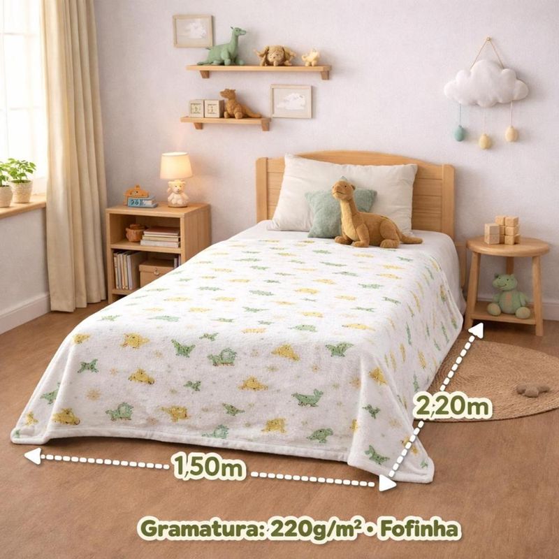 Manta cobertor lutti solteiro infantil  220g/m² 2,20x1,50m fofinha não desbota dinossauro verde