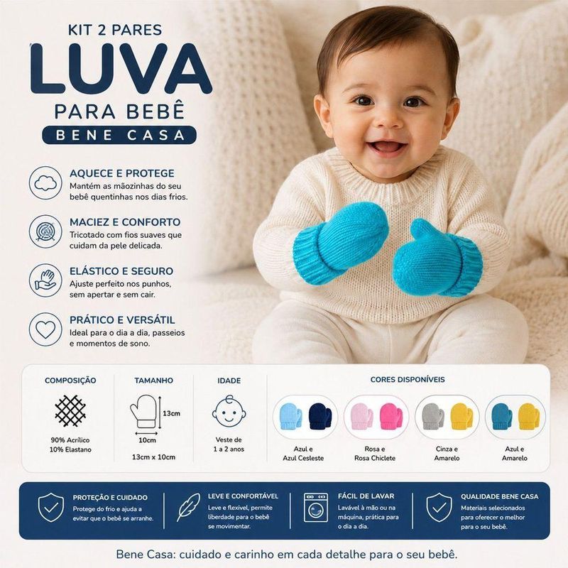 Kit 2 Pares Luva para Bebê 13x10cm Tecido Flexível Cinza Amarelo Bene Casa