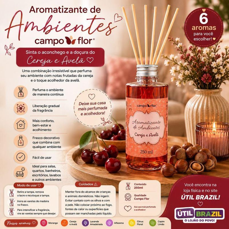 Aromatizante de Ambientes Campo Flor Perfuma Continuamente com Varetas Difusoras Transparente 250ML