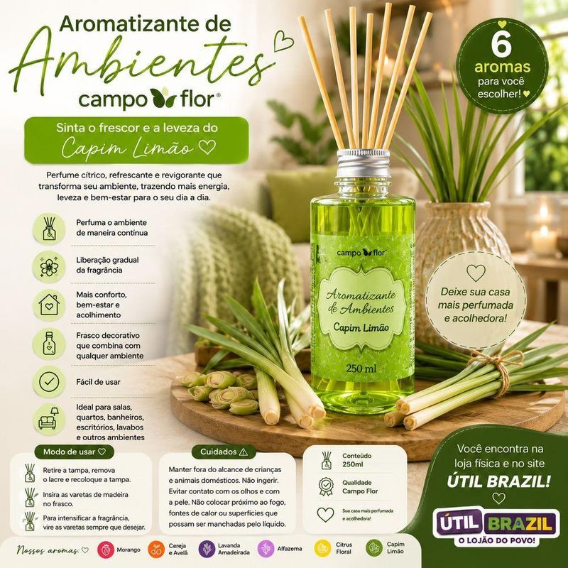 Aromatizante com Varetas Campo Flor Perfuma Continuamente Frasco Decorativo Transparente 250ML