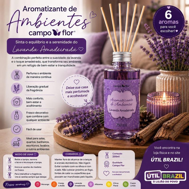 Aromatizante com Varetas Campo Flor Perfuma Continuamente Frasco Decorativo Amadeirado 250ML
