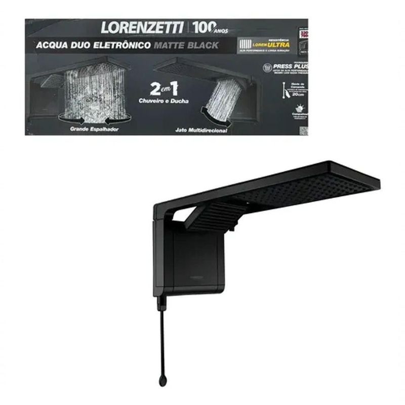 Chuveiro Elétrico com Ducha Acqua Duo Matte Black Eletrônico 7800W Preto Lorenzetti 220V