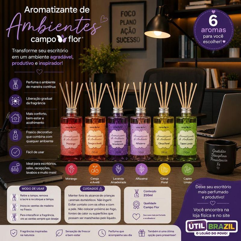 Aromatizante de Ambientes com Varetas Campo Flor Perfuma Continuamente Alfazema 250ML