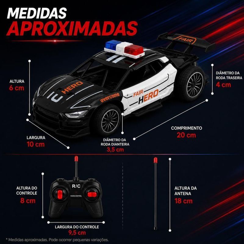 Carrinho de Controle Remoto Policia Esportivo Veloz Escala 1:22 Recarregavelusb Yeet