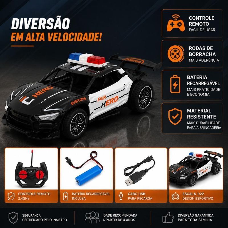 Carrinho de Controle Remoto Policia Esportivo Veloz Escala 1:22 Recarregavelusb Yeet