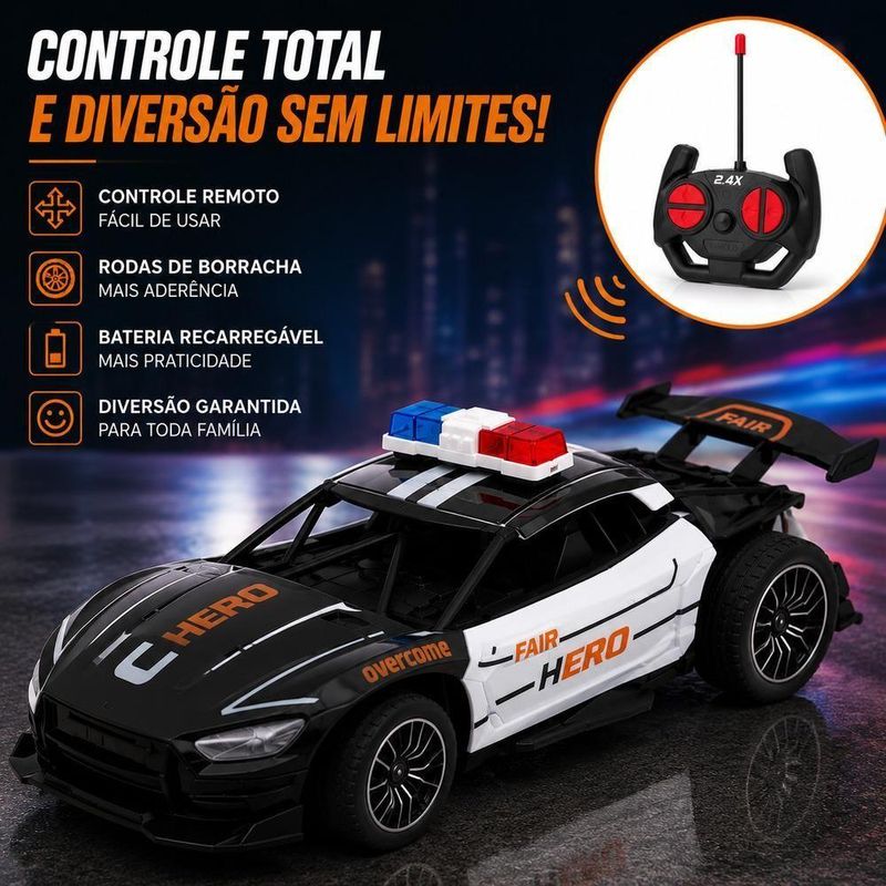 Carrinho de Controle Remoto Policia Esportivo Veloz Escala 1:22 Recarregavelusb Yeet